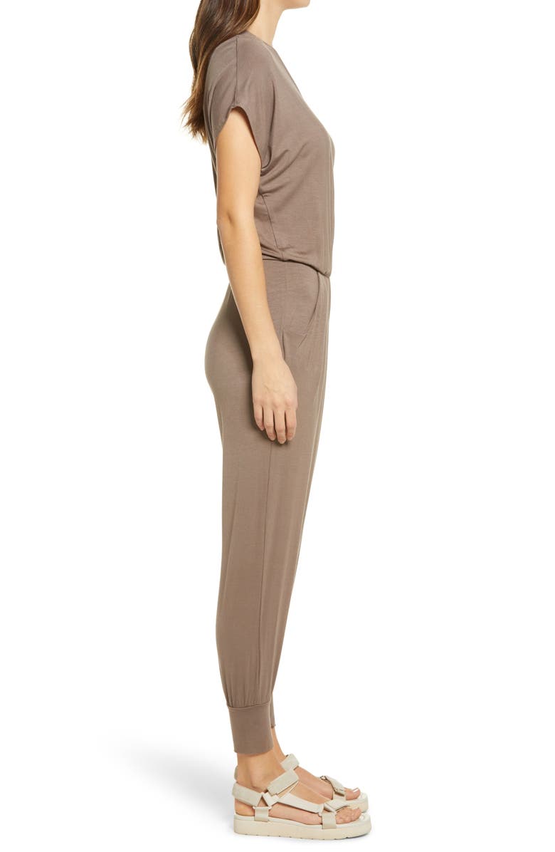 Loveappella Short Sleeve Wrap Top Jumpsuit, Alternate, color, Dark Khaki