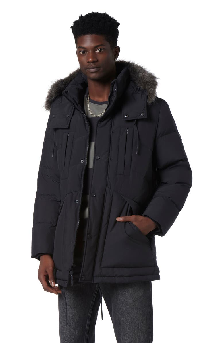Andrew Marc Tremont Water Resistant Down Quilted Parka with Faux Fur Trim, Alternate, color, Black