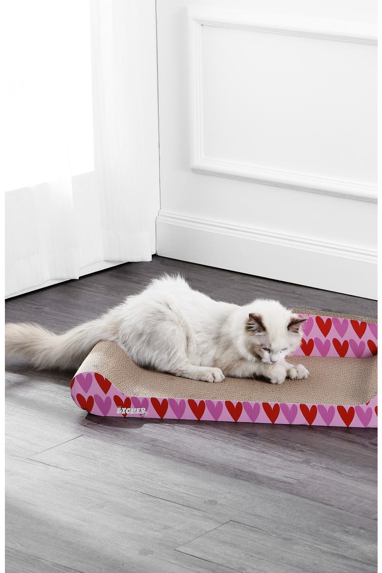 Montego Coastal Patterned Cardboard Lounge Bed Cat Scratcher with Catnip, Alternate, color, Pink/Red
