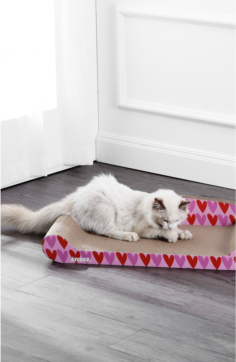 The Licker Store Montego 27.5" Coastal Patterned Cardboard Lounge Bed Cat Scratcher with Catnip, Alternate, color, Pink/Red