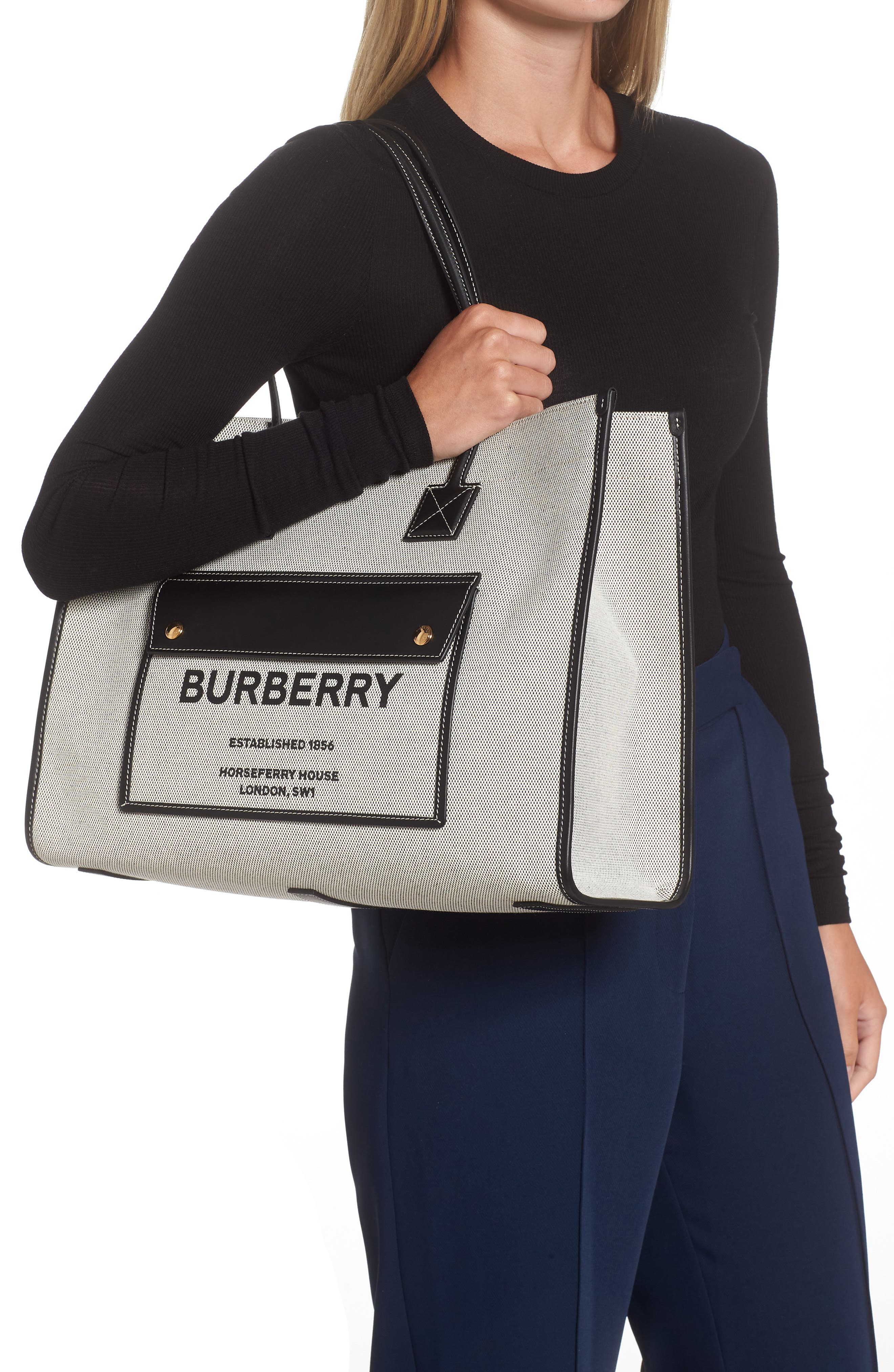 Burberry Medium Freya Horseferry Logo Canvas & Leather Tote, Alternate, color, 