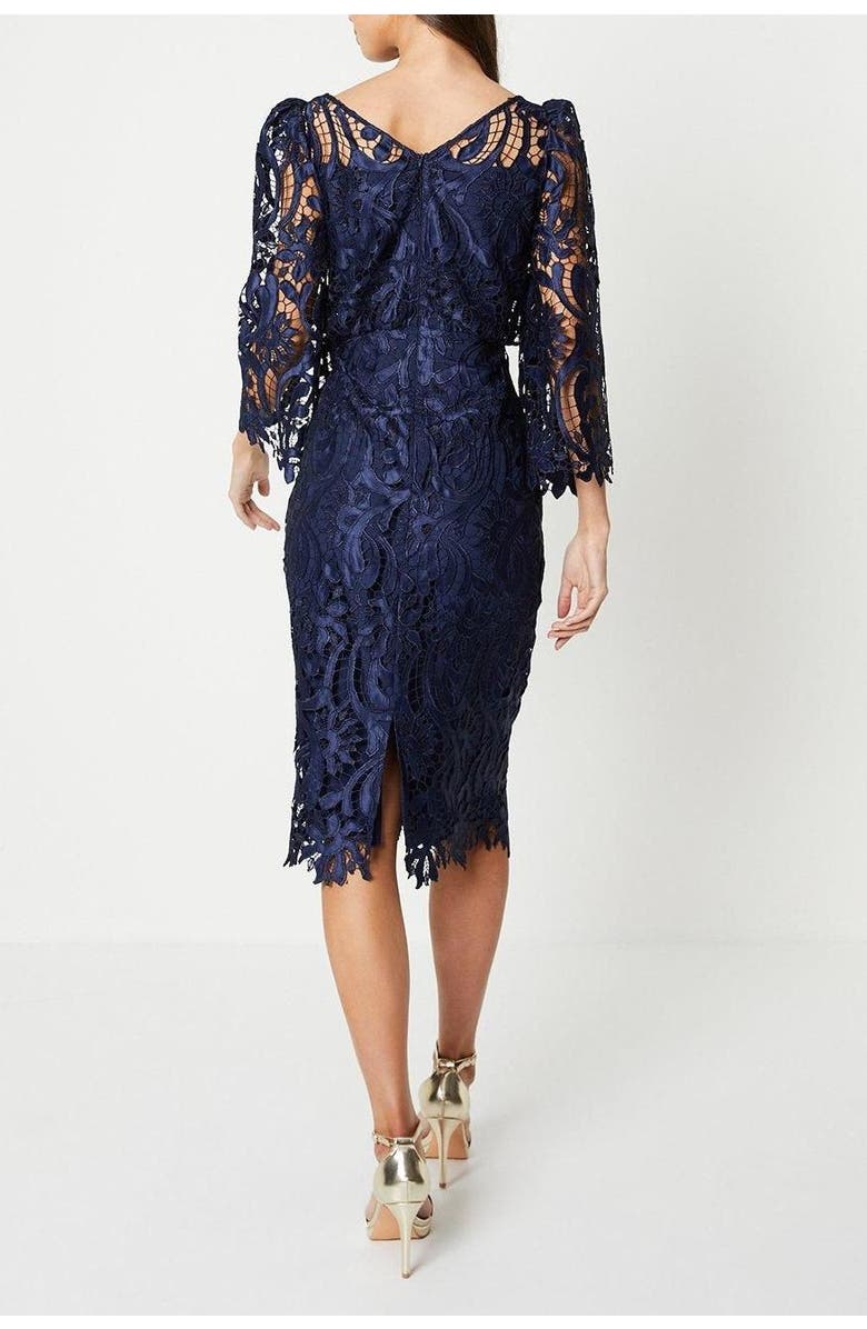 Coast Satin Lace Boat Neck Fluted Dress, Alternate, color, Navy