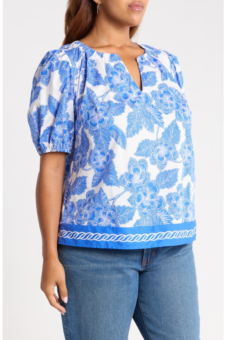 Rency Floral Gily Puff Sleeve Cotton Top, Alternate, color, WHITE BLUES