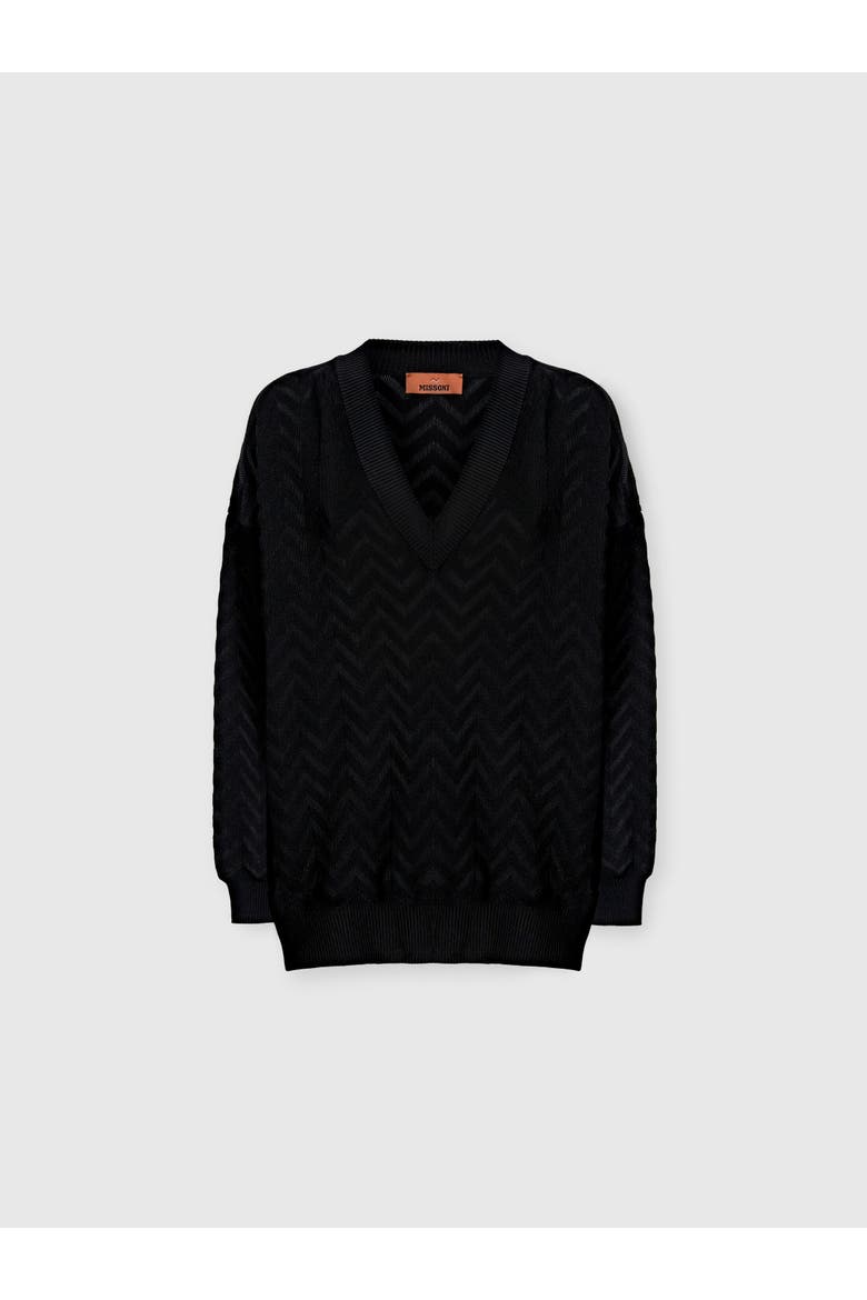 V-neck Pullover In Cotton And Viscose Chevron, Alternate, color, Black