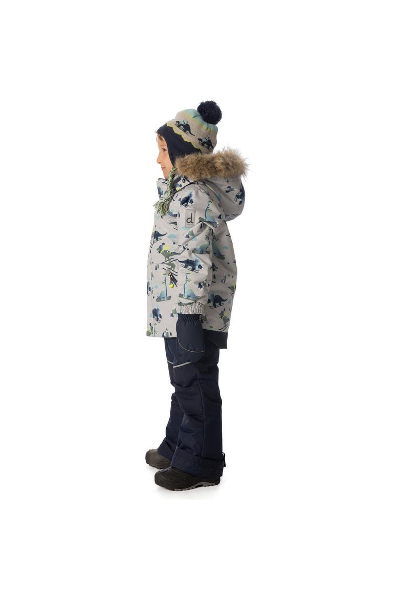 Skiing Dinosaur Discover Fleece Jacket Snow Pants Two Piece Snowsuit, Alternate, color, Grey Skiing Dinosaurs Print