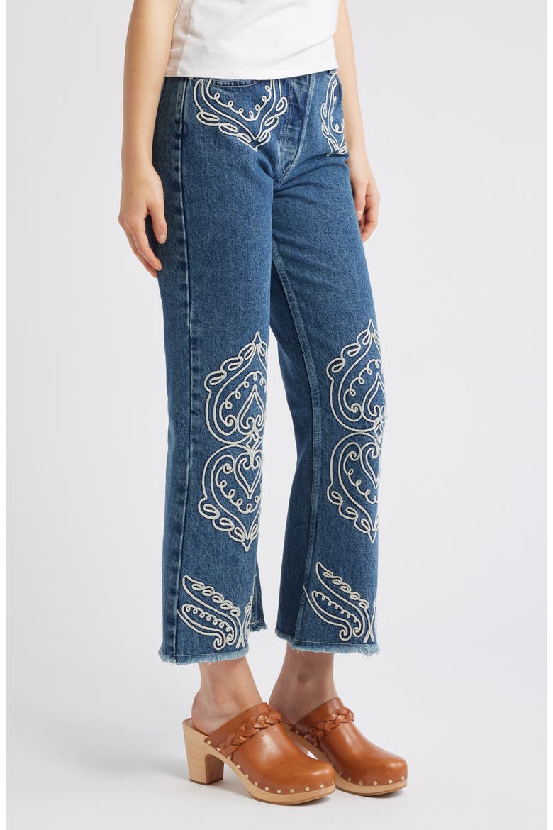 Cornely Embroidered Raw Hem Crop Jeans, Alternate, color, DENIM