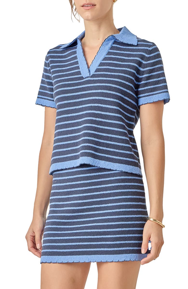 English Factory Stripe Polo Scallop Hem Sweater, Alternate, color, Powder Blue/ Navy