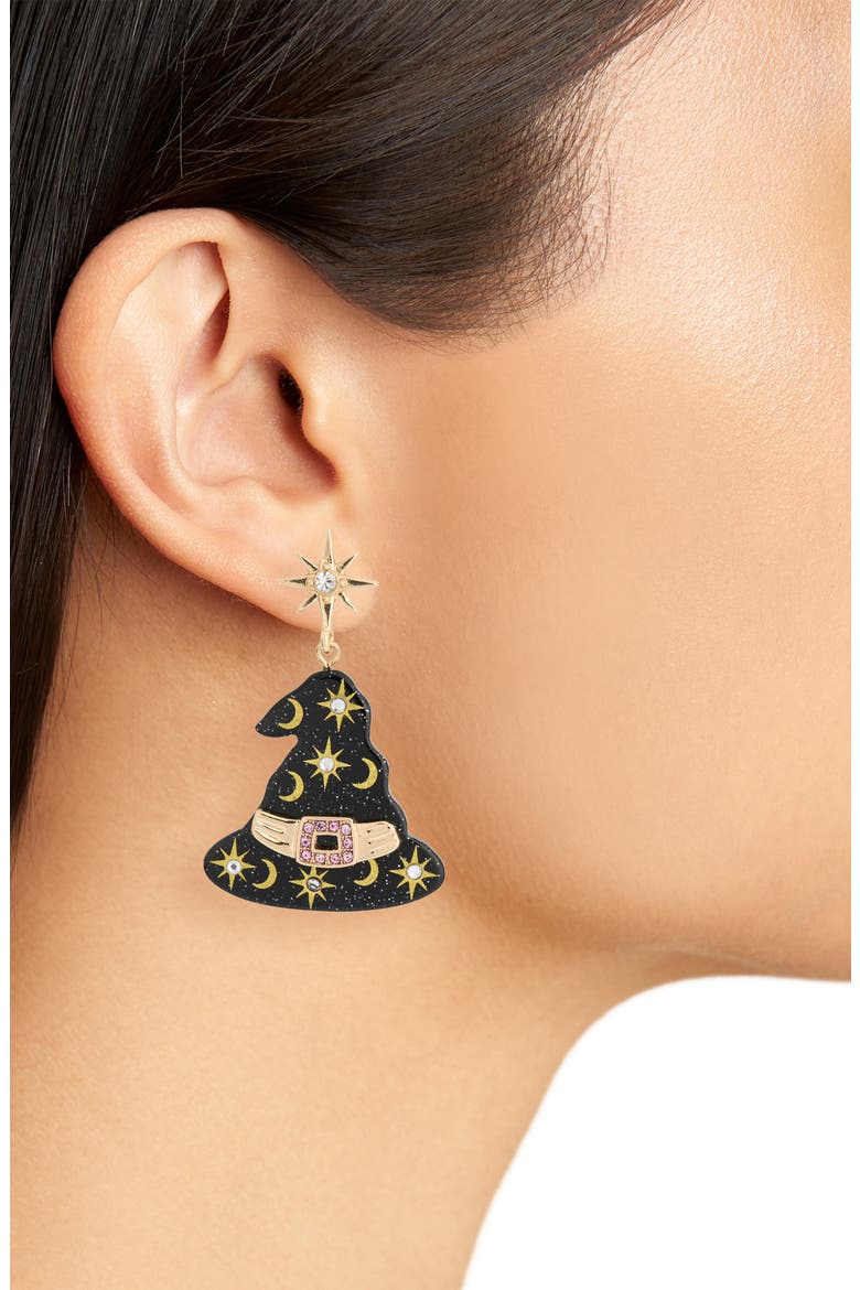 Witch Hat Drop Earrings, Alternate, color, BLACK MULTI- GOLD