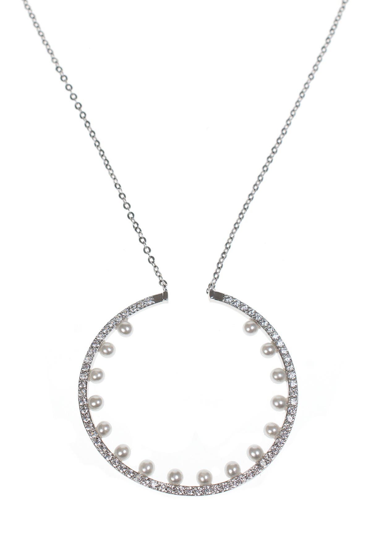 Pave & Faux Pearl Disc Pendant Necklace