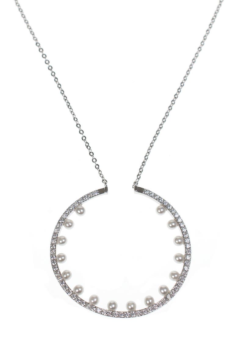 Pave & Faux Pearl Disc Pendant Necklace, Main, color, WHITE/CLEAR/SILVER