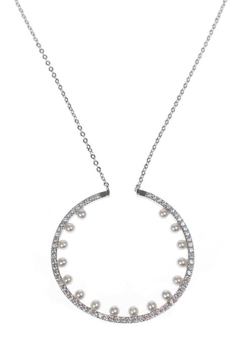 Pave & Faux Pearl Disc Pendant Necklace