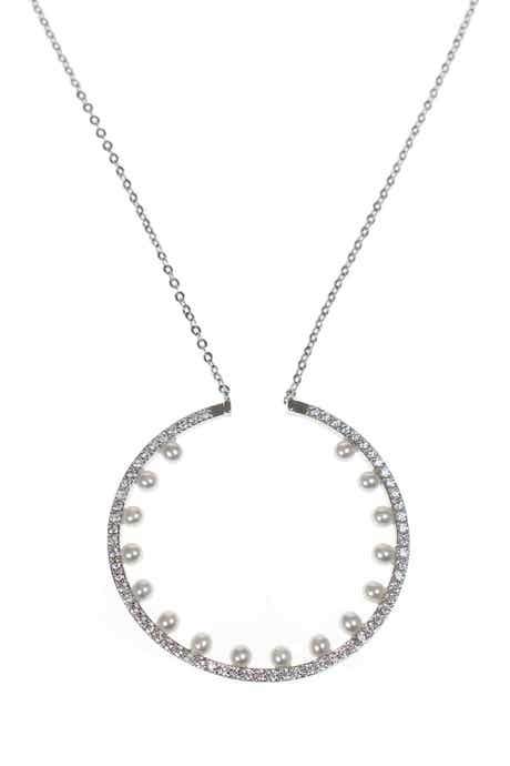 Pave & Faux Pearl Disc Pendant Necklace