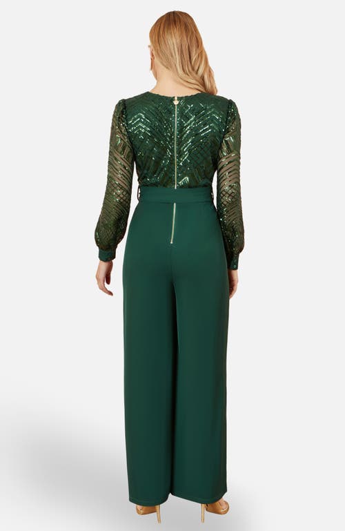Yumi Sequin Wrap Over Jumpsuit In Green