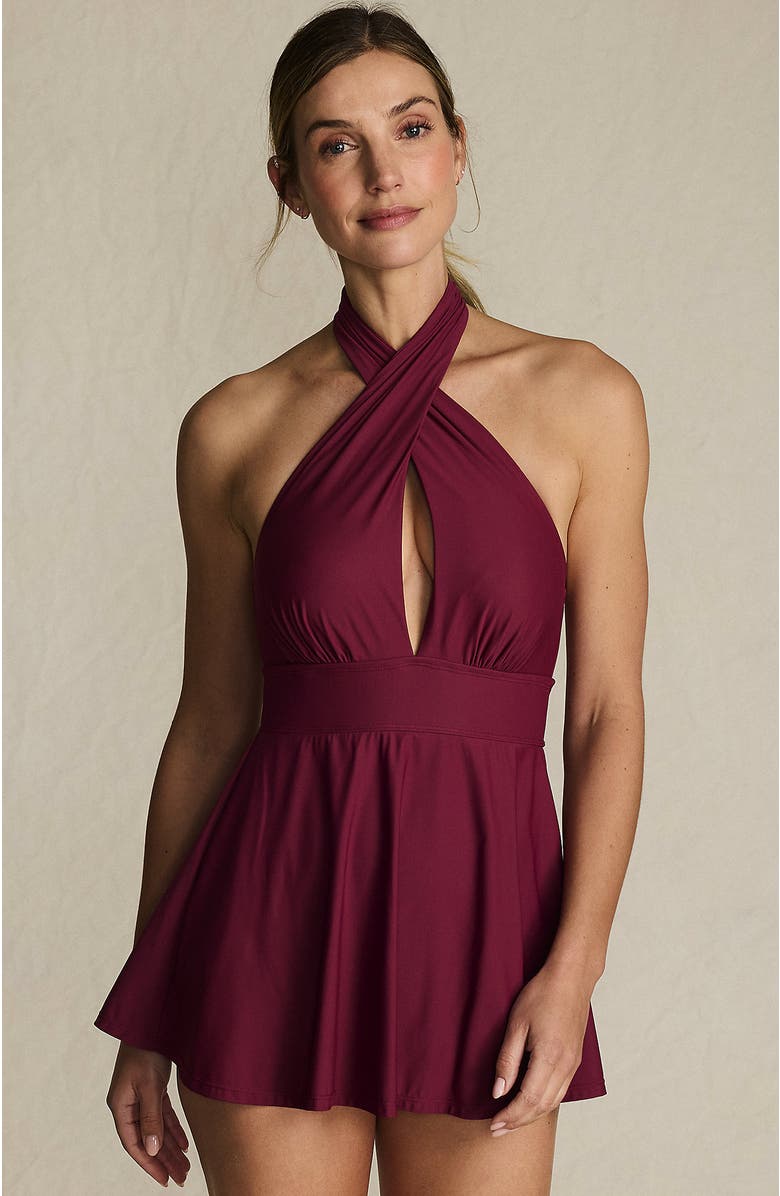 Lands' End SlenderSuit Multi Way Swim Dress One Piece Swimsuit, Main, color, Burgundy Spritz