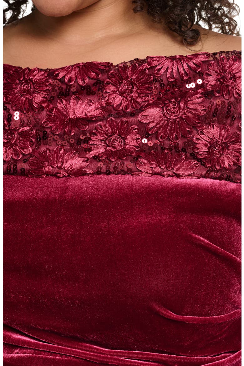 Ruched Off the Shoulder Velvet Gown, Alternate, color, WINE