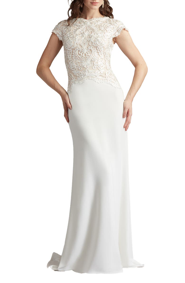 Tadashi Shoji Soutache Lace Cap Sleeve Trumpet Gown, Main, color, Ivory/ Petal