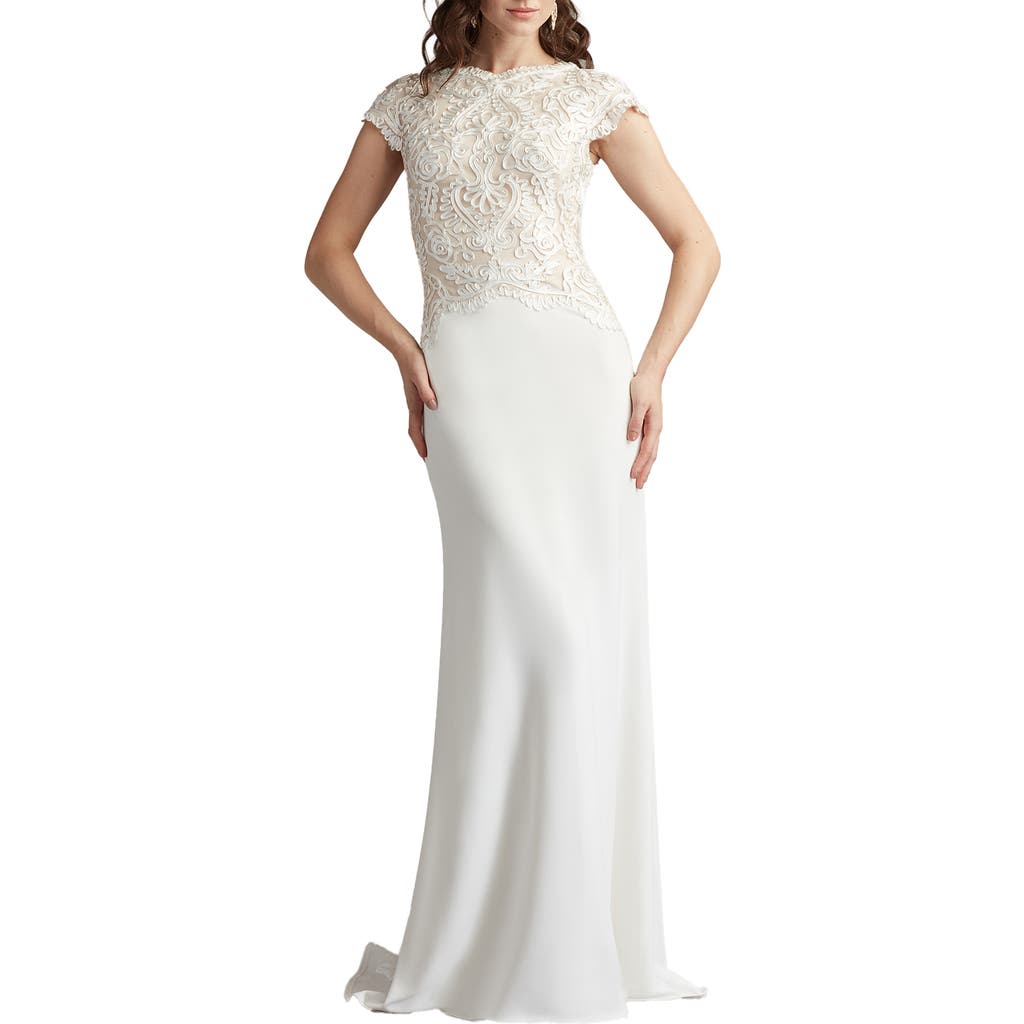 Tadashi Shoji Soutache Lace Cap Sleeve Trumpet Gown In Multi