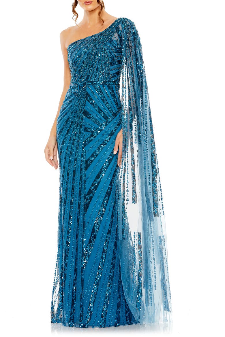Women's Sequin One-Shoulder Evening Gown with Sheer Cape Sleeve, Main, color, OCEAN BLUE