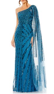 Mac Duggal Women's Sequin One-Shoulder Evening Gown with Sheer Cape Sleeve