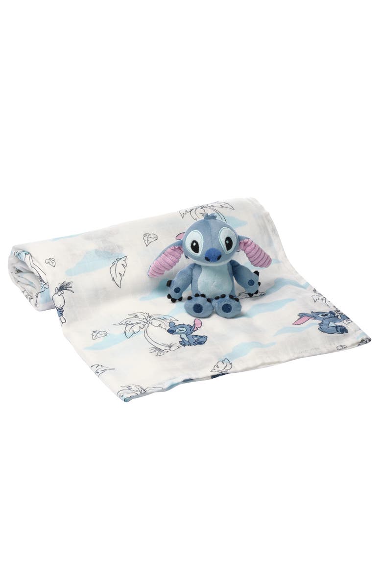 Lambs & Ivy Disney Stitch Luxury Muslin Swaddle Blanket & Plush Toy Gift Set, Main, color, White