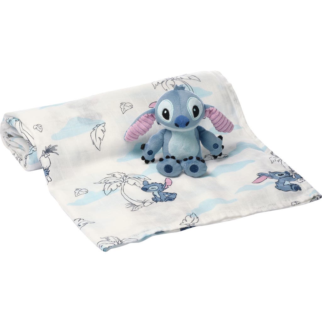 Lambs & Ivy Disney Stitch Luxury Muslin Swaddle Blanket & Plush Toy Gift Set In White