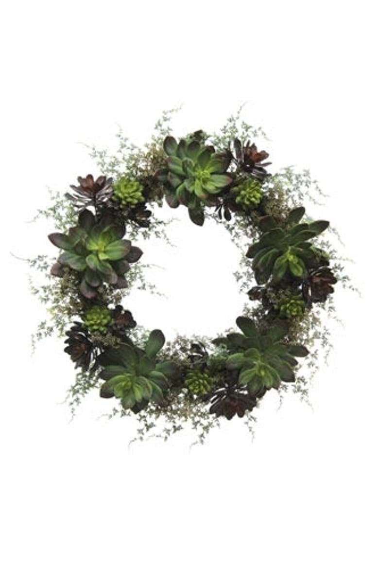 30" Artificial Eucalyptus and Succulent Wreath, Main, color, Green