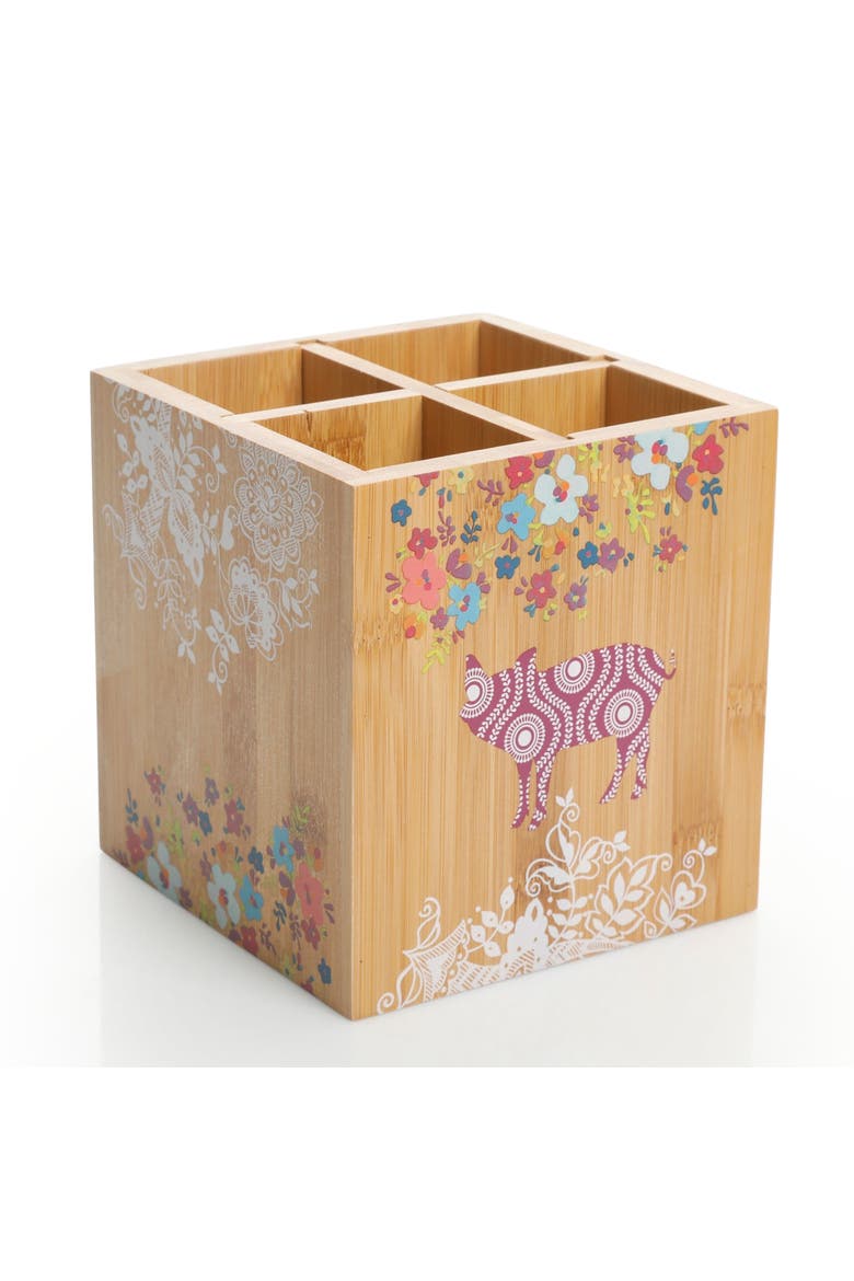 5.5" Square Wood Utensil Holder Animal Floral Print, Alternate, color, Brown