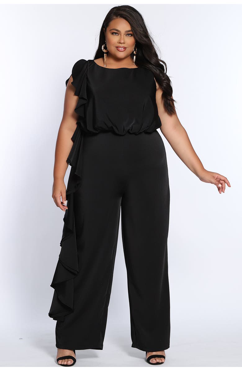Celebrations by Sydney's Closet Plus Size Crepe Ruffle Jumpsuit, Main, color, Black