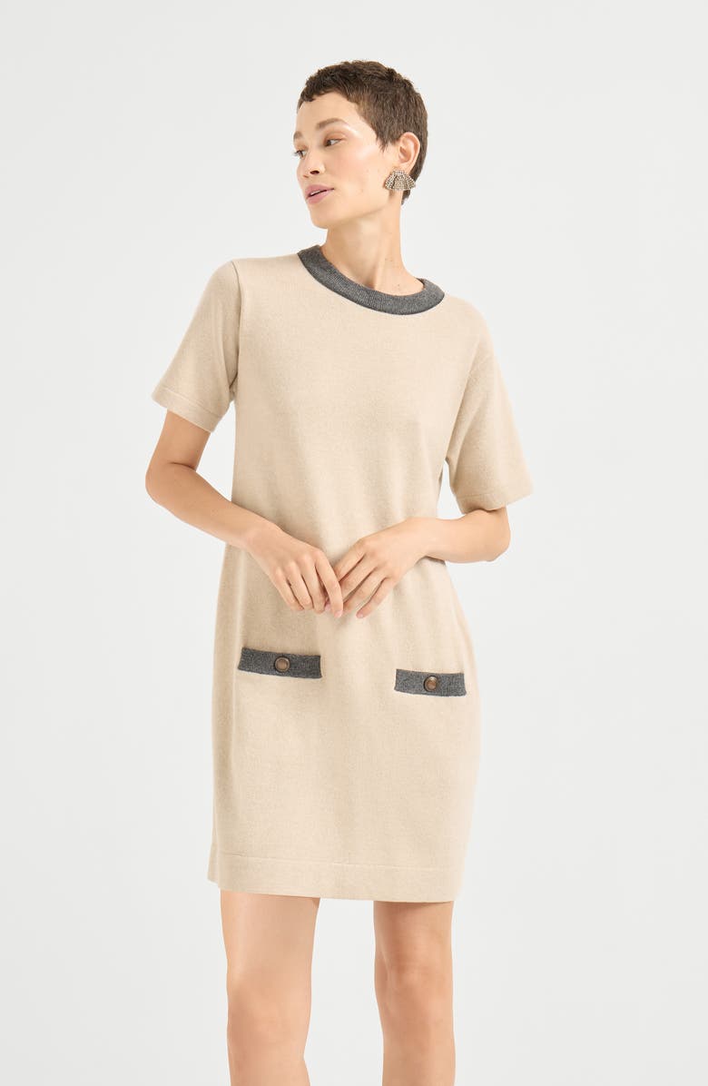 Brunello Cucinelli Dress with shiny contrast trims, Alternate, color, Beige