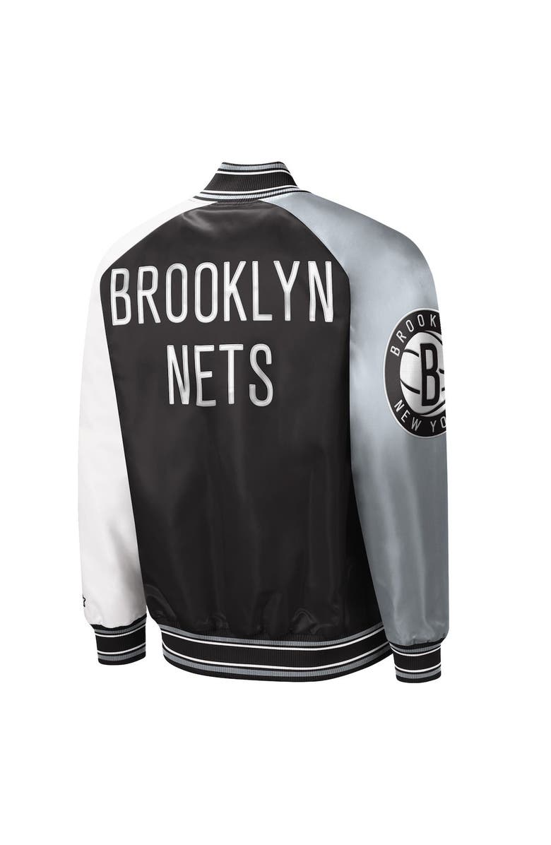 STARTER Men's Starter Black/Gray Brooklyn Nets Reliever Varsity Satin Raglan Full-Snap Jacket, Alternate, color, 