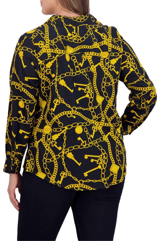 Foxcroft Mary Print Cotton Sateen Button-up Shirt In Black/yellow