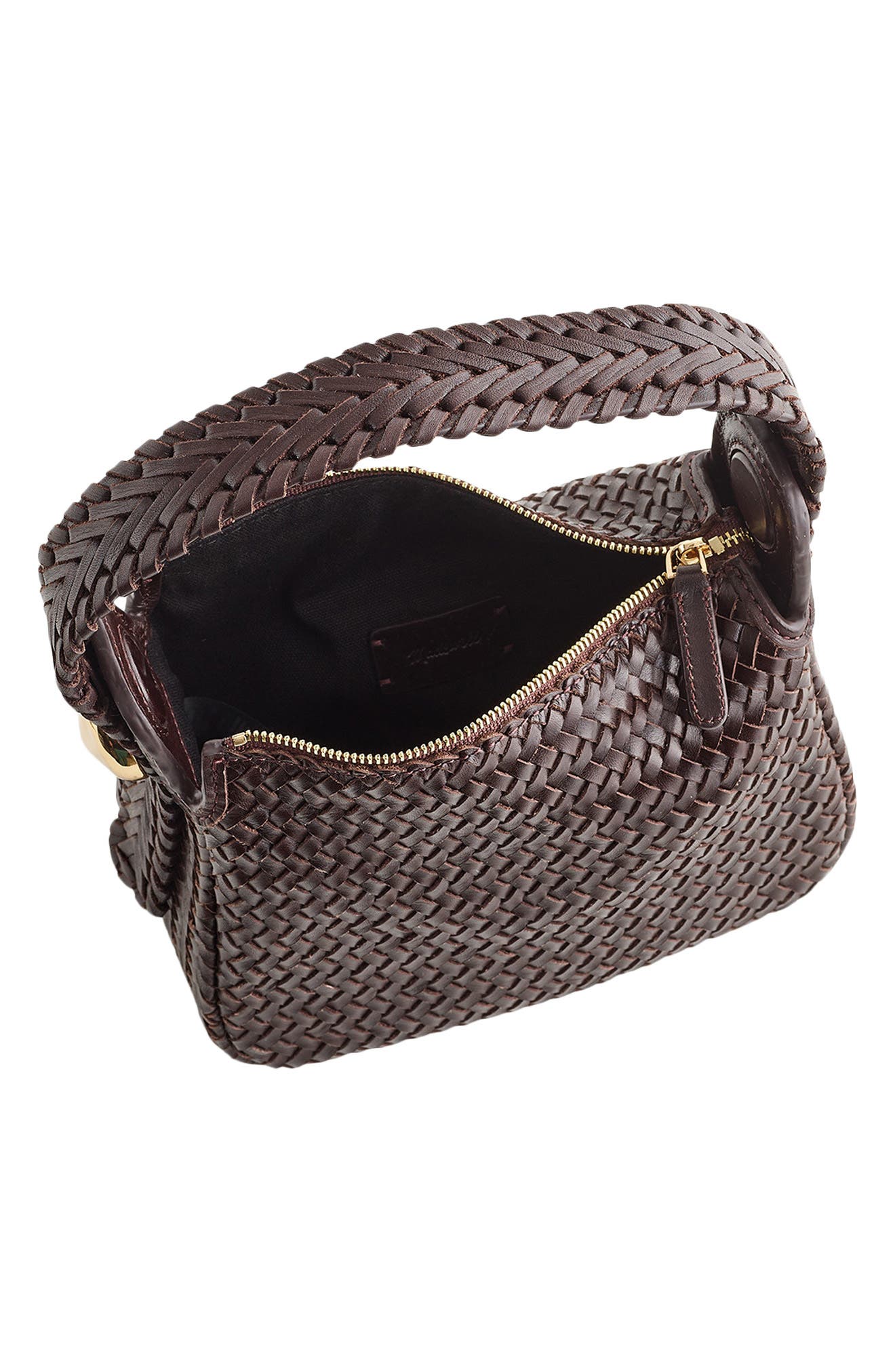 The Sculpted Metal Woven Leather Wristlet Bag, Alternate, color, COFFEE BEAN