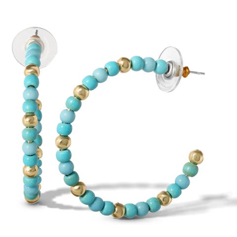 Turquoise Gold Bead Hoop Earrings, Turquoise Hoop Earrings