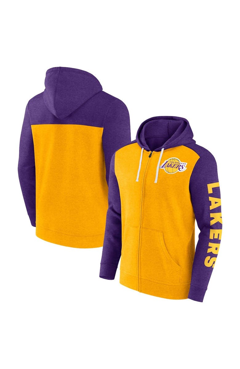 FANATICS Men's Fanatics Branded Gold/Heather Purple Los Angeles Lakers Down and Distance Full-Zip Hoodie, Main, color, 