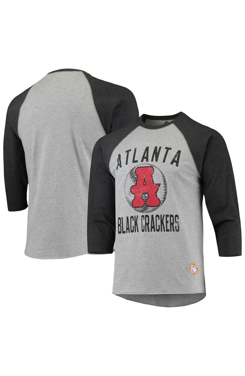 STITCHES Men's Stitches Heathered Gray/Black Atlanta Black Crackers Negro League Wordmark Raglan 3/4-Sleeve T-Shirt, Main, color,