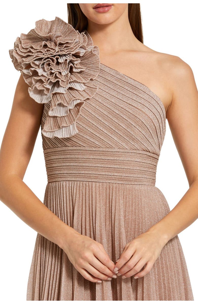 Mac Duggal Women's Pleated Metallic One Shoulder Gown With Ruffle, Alternate, color, Champagne