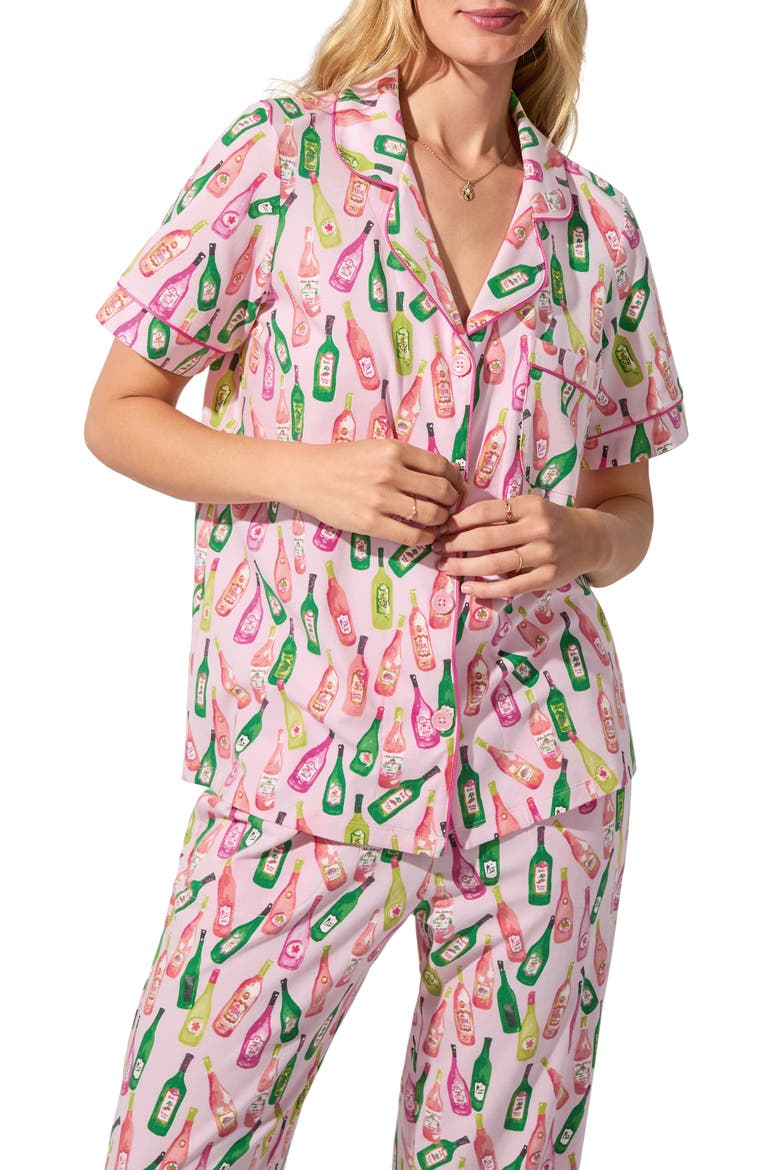 Print Stretch Organic Cotton Jersey Crop Pajamas, Alternate, color, WINE TOUR