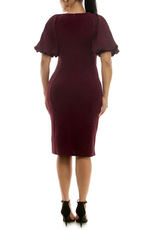 Nina Leonard Pleated Puff Sleeve Glitter Sheath Dress In Deep Wine