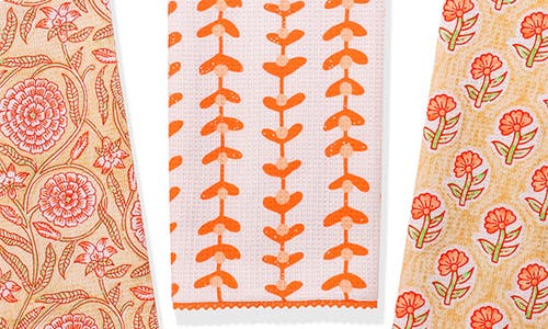 Tiramisu Marigold Block Print Cotton Kitchen Towel Set In Brown