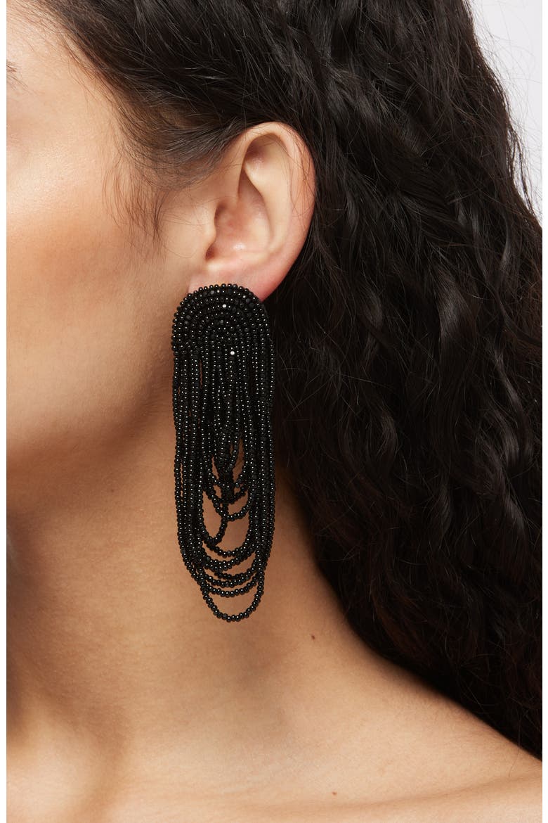 Beaded Double Curtain Clip-On Drop Earrings, Alternate, color, BLACK