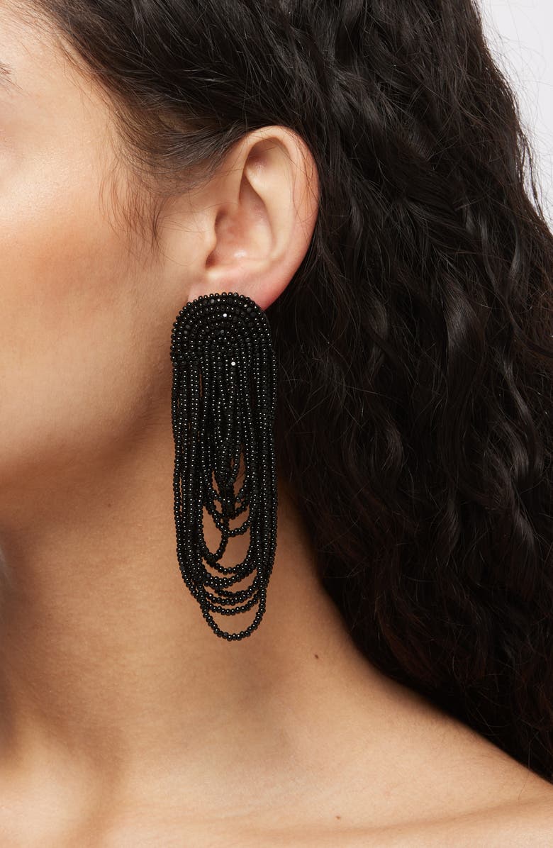 Oscar de la Renta Beaded Double Curtain Clip-On Drop Earrings, Alternate, color, Black