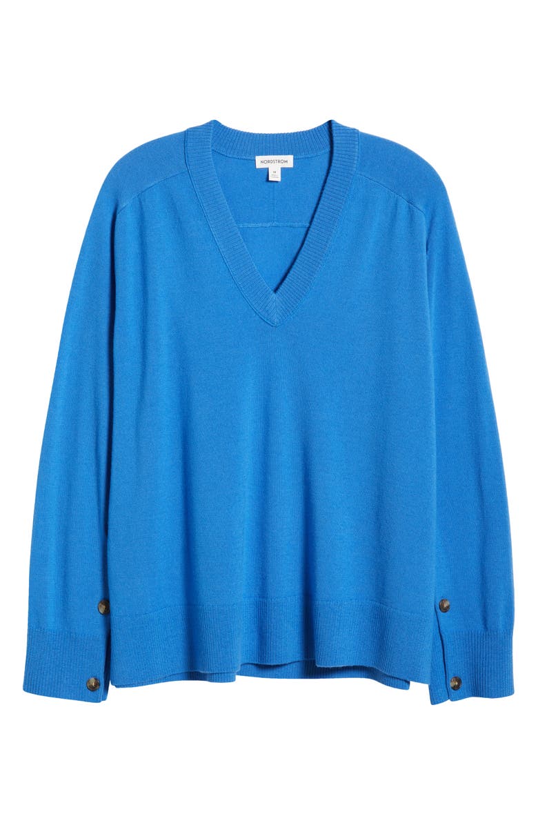 Nordstrom Button Detail Wool V-Neck Sweater, Alternate, color, Blue Palace