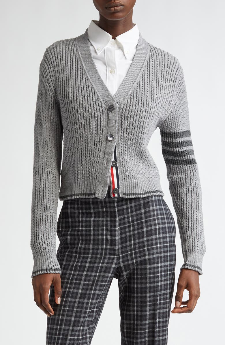 Thom Browne 4-Bar Baby Cable Knit Crop Cardigan, Main, color,