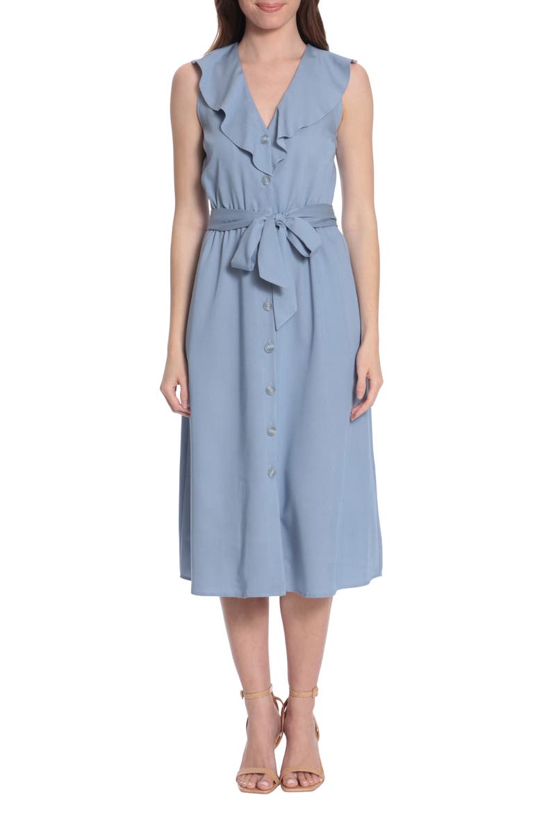 Ruffle V-Neck Sleeveless Button Front Shirtdress, Main, color, CHAMBRAY