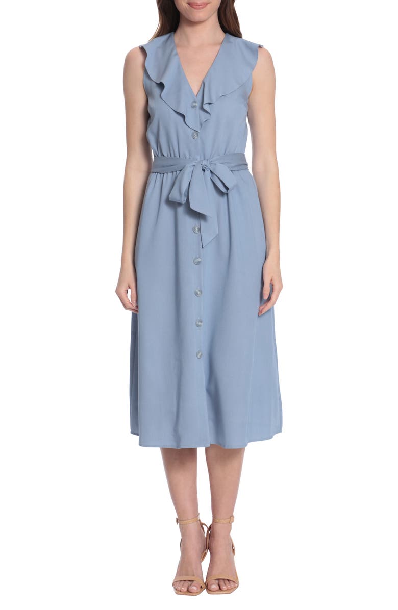 London Times Ruffle V-Neck Sleeveless Button Front Shirtdress, Main, color,