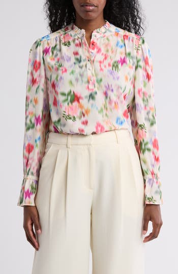 Gemma + Jane Georgette Button Front Top In Ivory Blue Floral