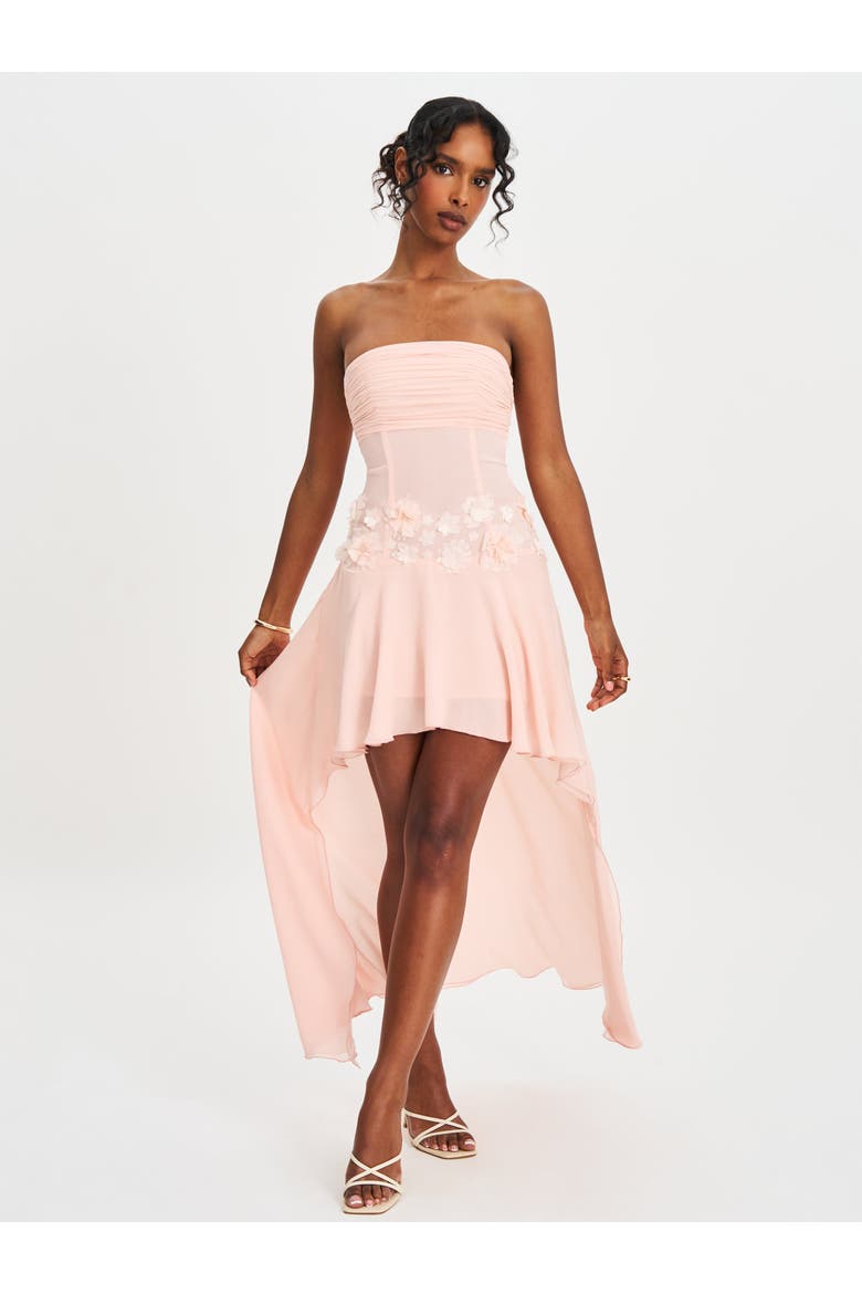 Mae Ruched Breast Appliqué Trim Trailing Dress, Alternate, color, Baby pink chiffon