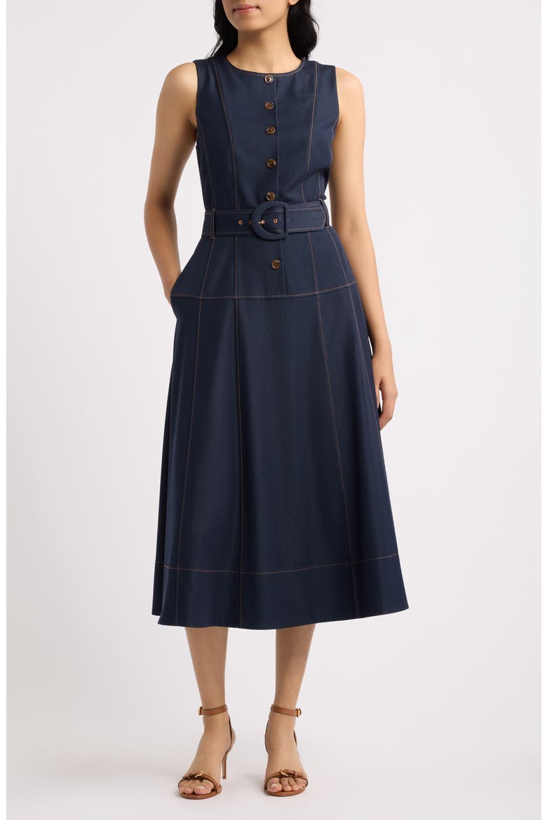 Belted Denim Midi Dress, Main, color, DARK DENIM