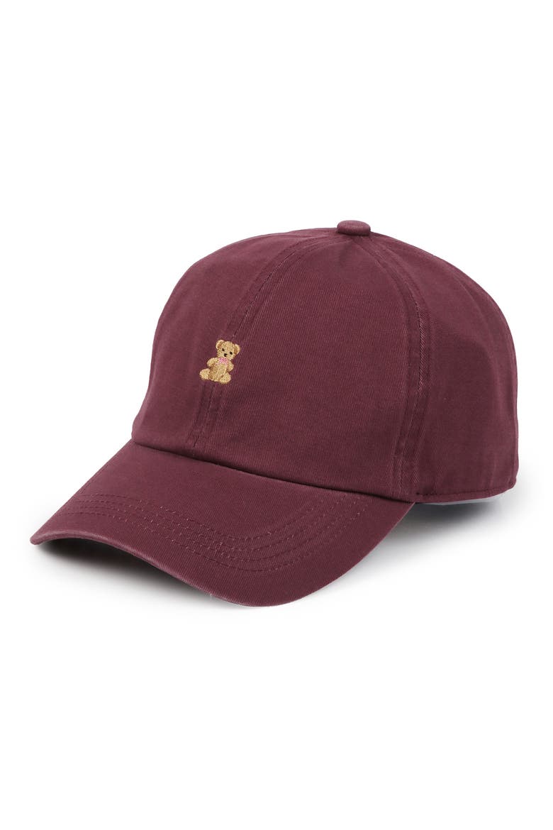 Embroidered Bear Cotton Adjustable Baseball Cap, Main, color, PLUM
