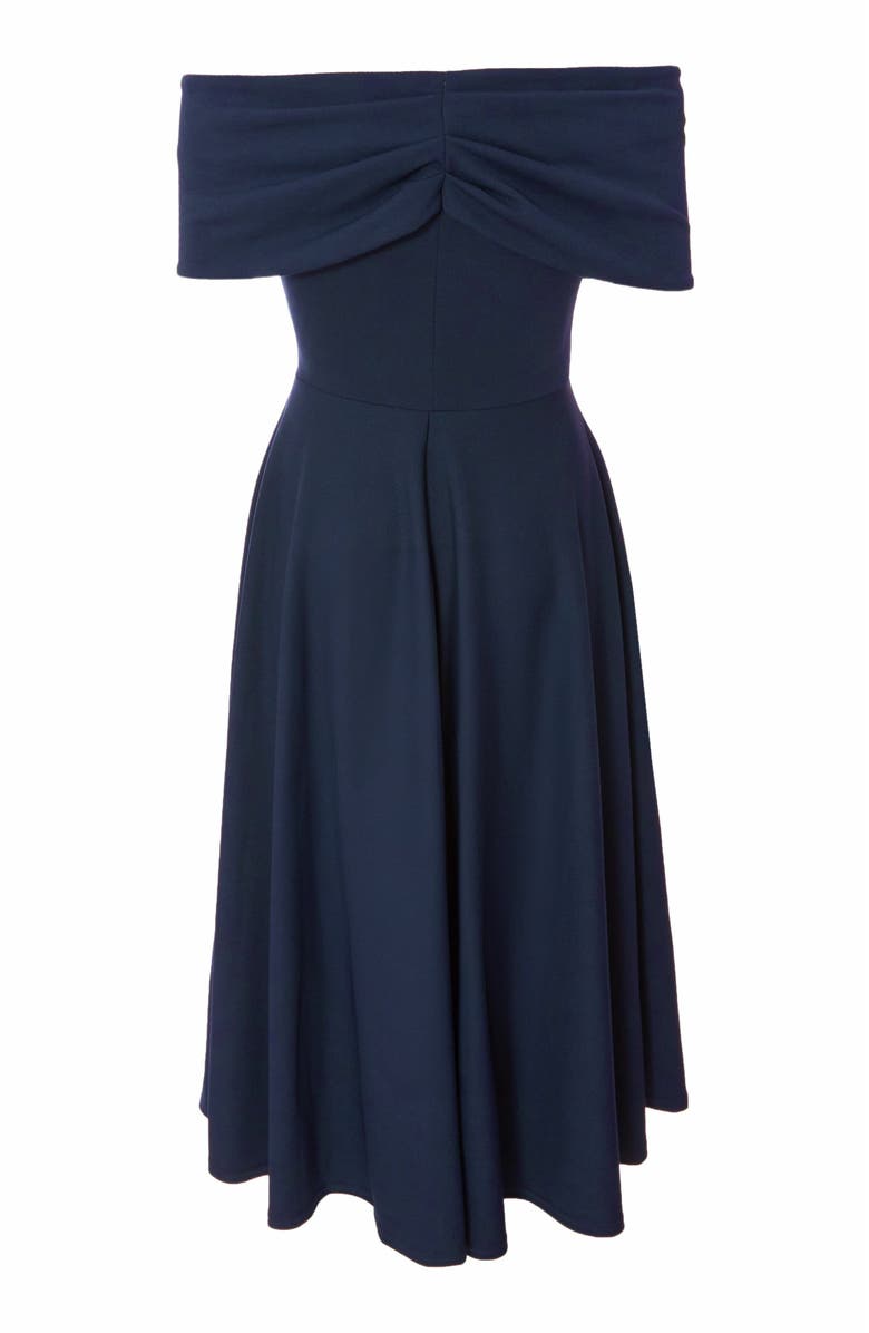 QUIZ Scuba Crepe Bardot Wrap Midi Skater Dress, Alternate, color, 